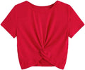 Girls Casual Twist Hem Short Sleeve Round Neck Crop Top Tee Shirt