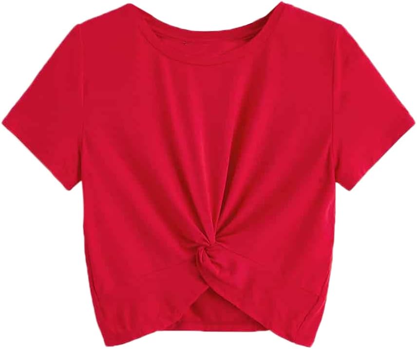 Girls Casual Twist Hem Short Sleeve Round Neck Crop Top Tee Shirt
