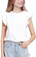 Girls White Shirt Short Sleeve Summer Casual Flutter Tops Tee Blouse 5-14 Years