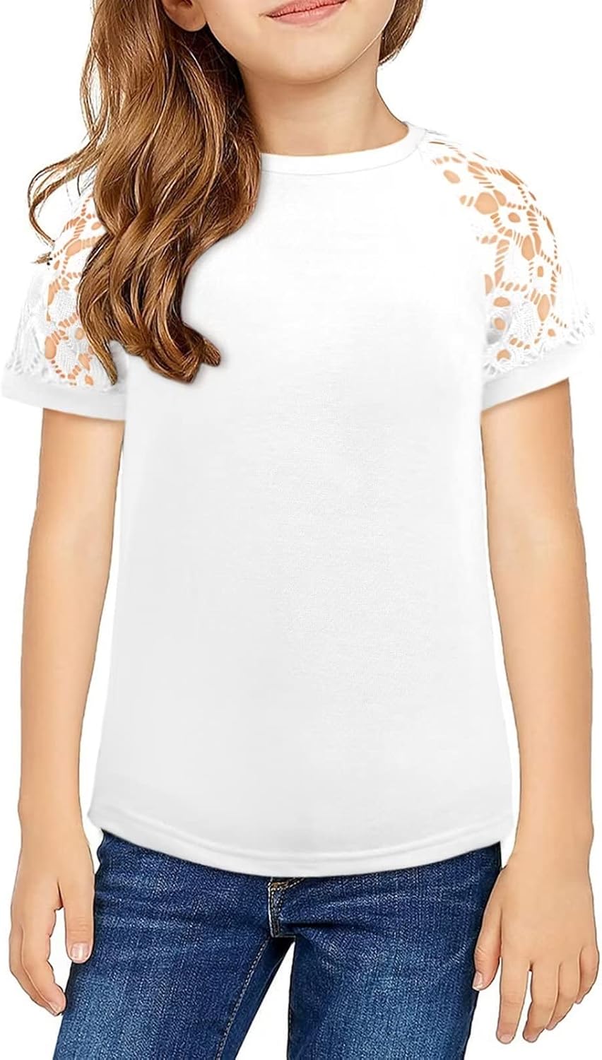 Girls Short Sleeve Shirts Kids Casual Summer Lace Blouse 5-14 Years