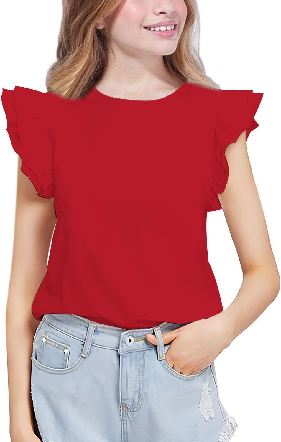 Girls White Shirt Short Sleeve Summer Casual Flutter Tops Tee Blouse 5-14 Years
