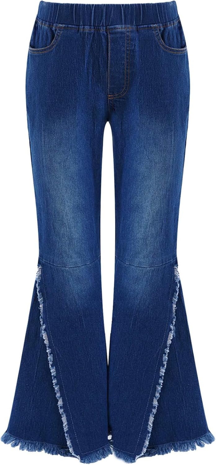 Kids Girls Casual Jeans Bell Bottom Denim Pants Jeans Ripped High Waist Retro Wide Leg Flare Pants