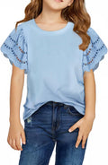 Girls Summer Shirts Crewneck Ruffled Short Sleeve Blouse Tops Size 6-15 Years