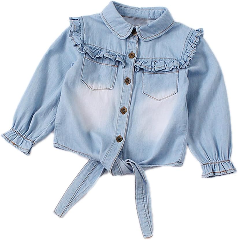 Colorful Childhood Girls Denim Crop Tie Shirt Blouse Toddler Shawl Button Down Shirts Children's Casual Tops
