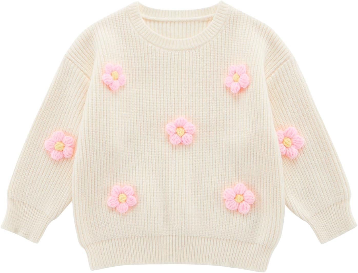 Toddler Girls Flower Knit Sweater Fall Winter Clothes Long Sleeve Baby Girls Pullover Sweatshirt Outfits 1-5T