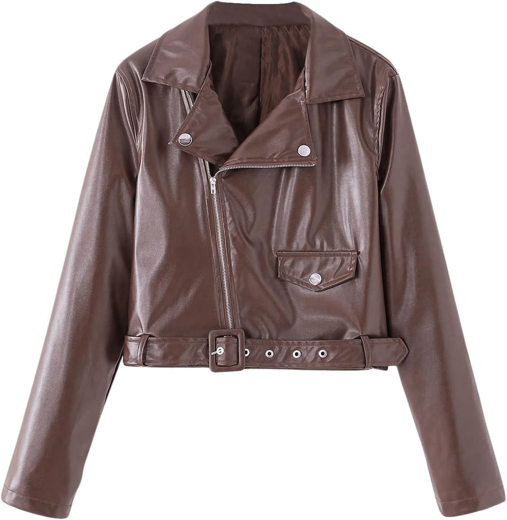 Girl's Zip Up PU Leather Jacket Long Sleeve Crop Outerwear with Belted