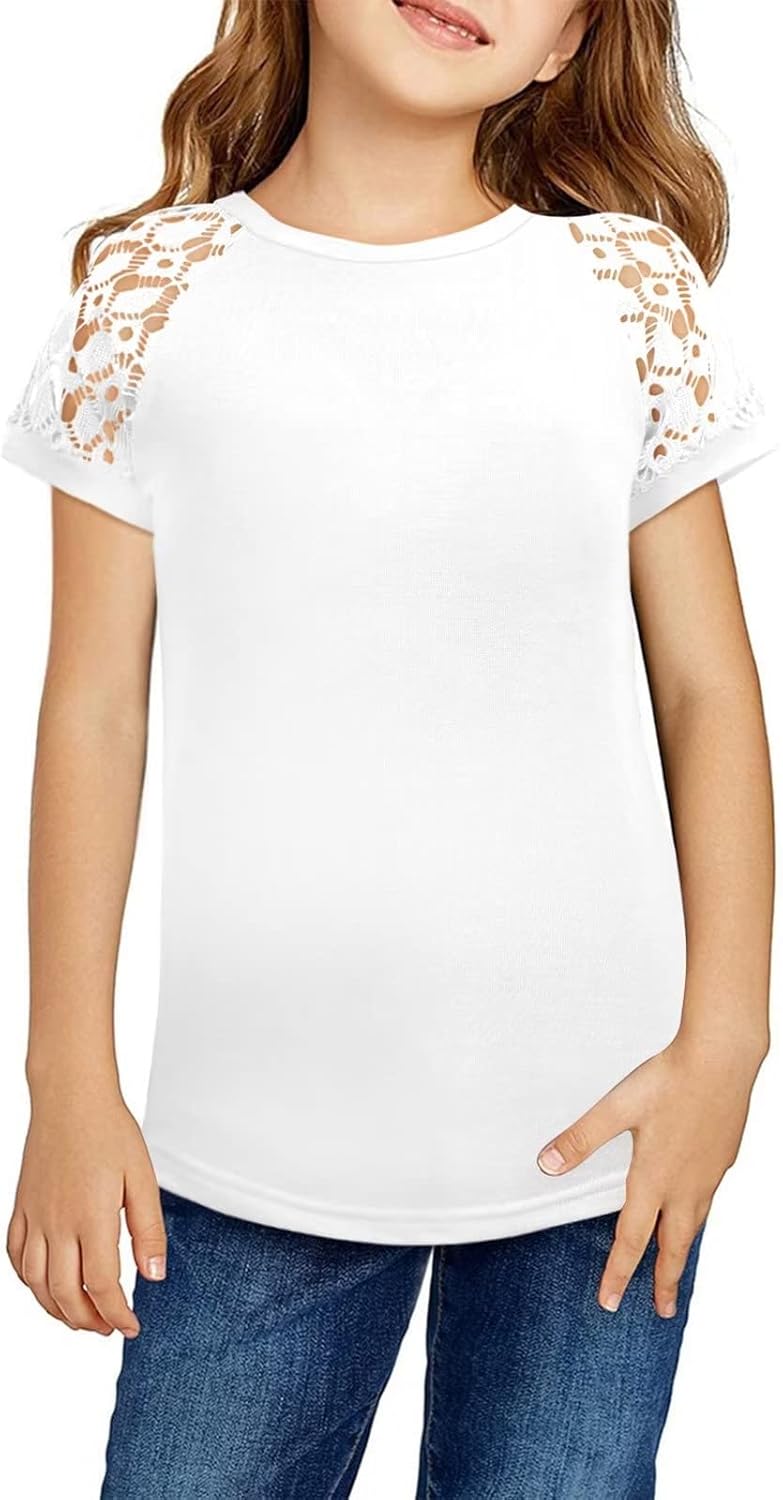 Girls Short Sleeve Shirts Kids Casual Summer Lace Blouse 5-14 Years