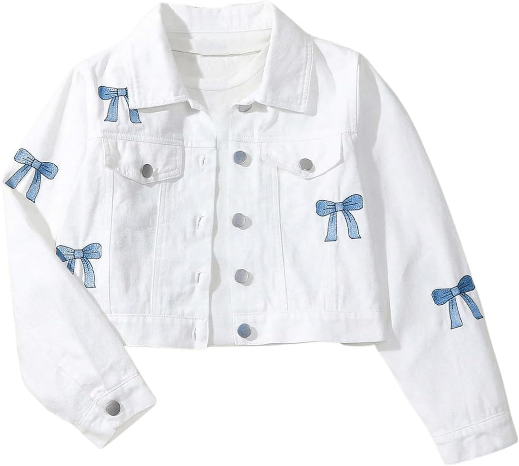 Girl's Bow Jean Jacket Long Sleeve Button Down Denim Coat