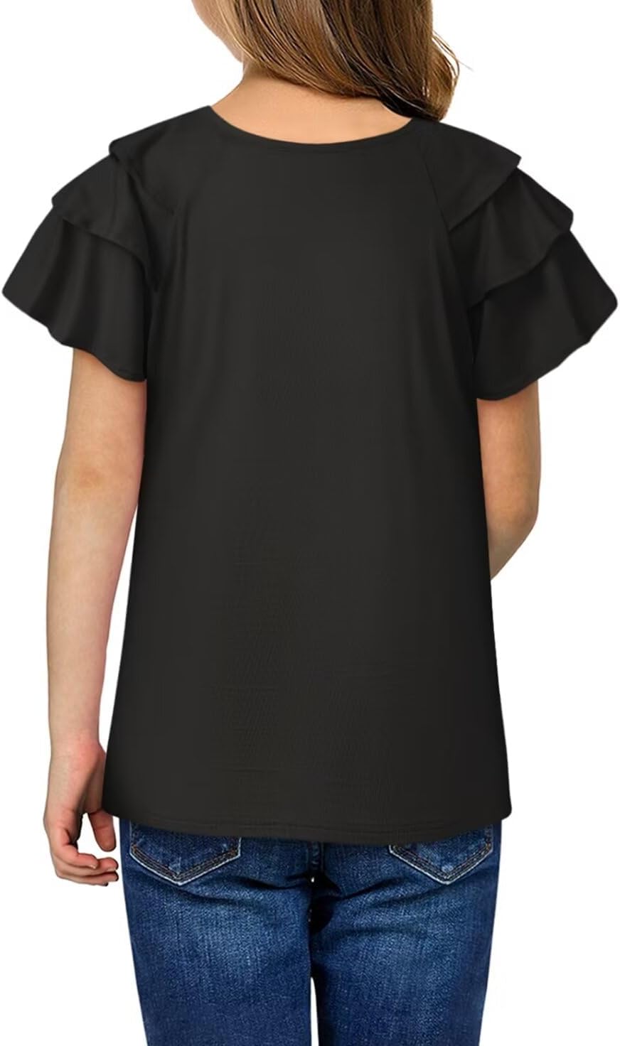 Girls Ruffle Sleeve Shirts Summer Cute Crewneck Blouse Tops 6-15 Years
