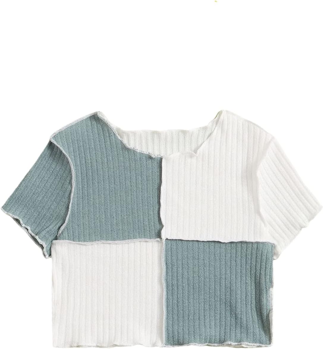 Girls Rib Knit Color Block Crop Tee Short Sleeve Lettuce Trim Crewneck Tshirt