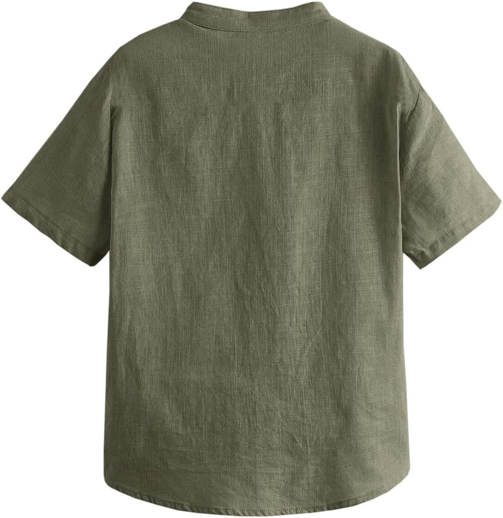 Boys Button Up Henley Shirt Short Sleeve Lightweight Summer Linen Cotton Dress Shirts Tees Tops with One Pocket