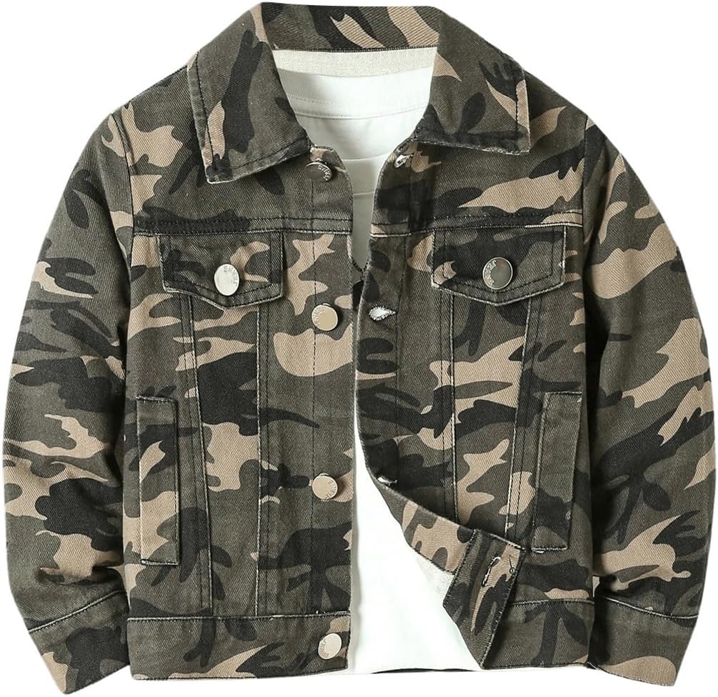 Boy's Camo Print Button Front Denim Jacket Casual Long Sleeve Outerwear Coat
