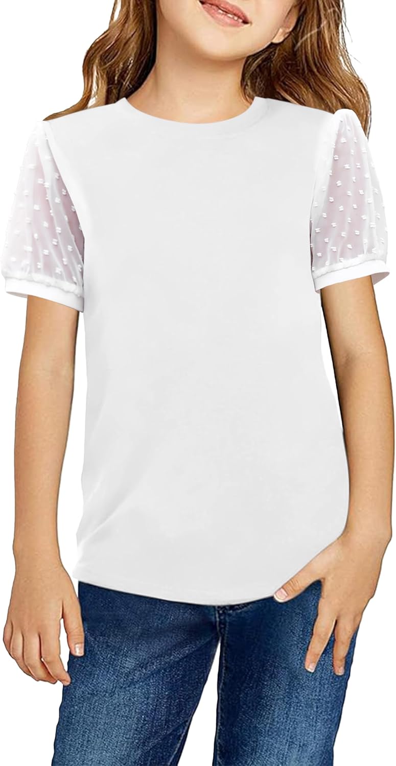 Girls Shirt Swiss Dots Texture Sheer Puff Sleeves Loose Crewneck Summer Blouse Tee Tops