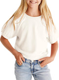 Kids Girls Cute T-Shirt Short Puff Sleeve Basic Solid Casual Loose Pullover Ribbed Cuffs Hem Tees