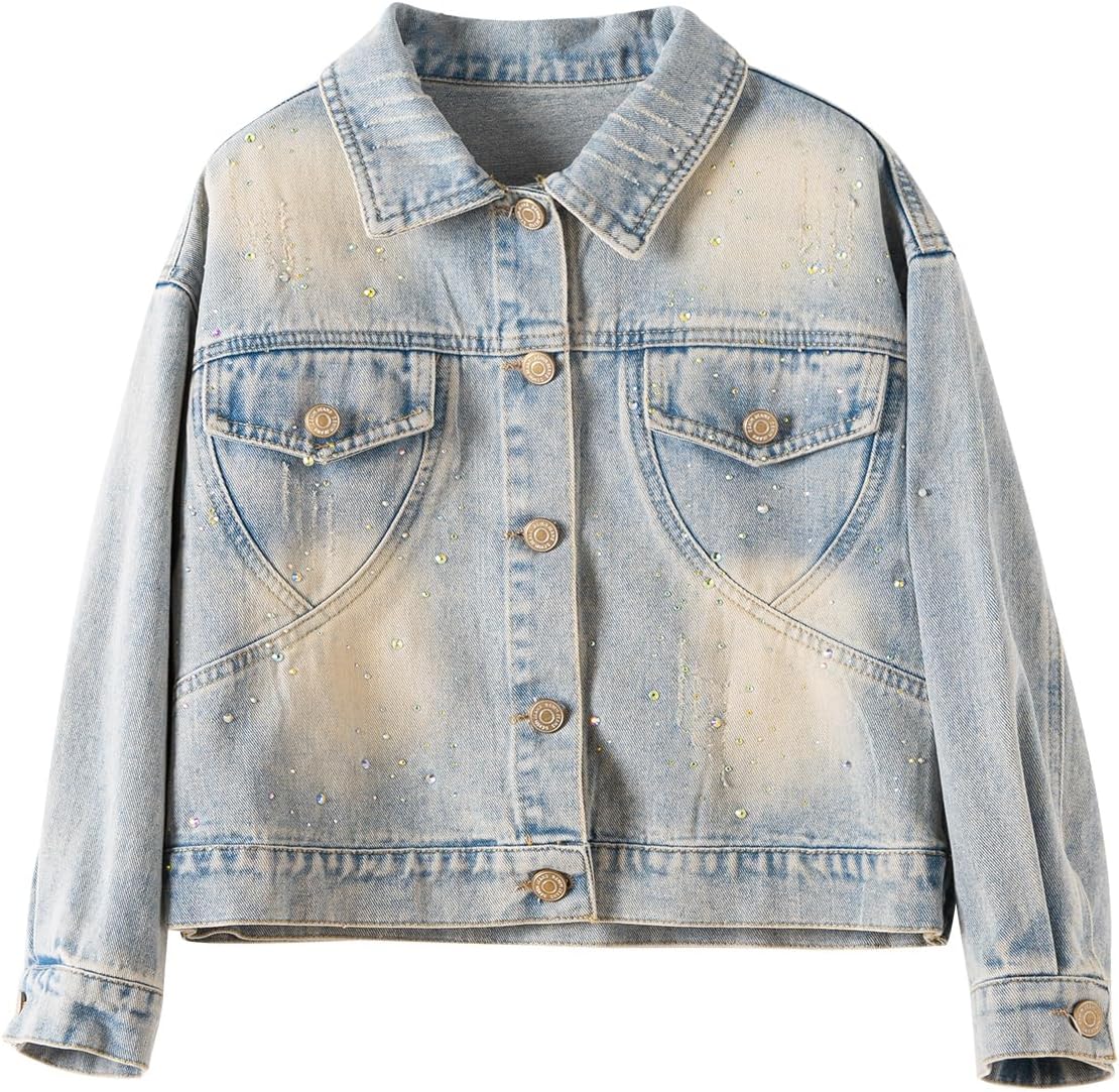 Girls Classic Flap Pocket Jean Jacket Long Sleeve Basic Button Denim Jacket