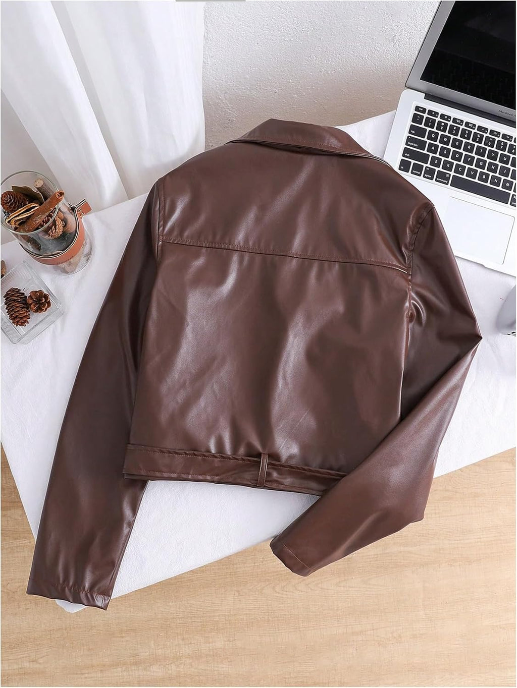 Girl's Zip Up PU Leather Jacket Long Sleeve Crop Outerwear with Belted