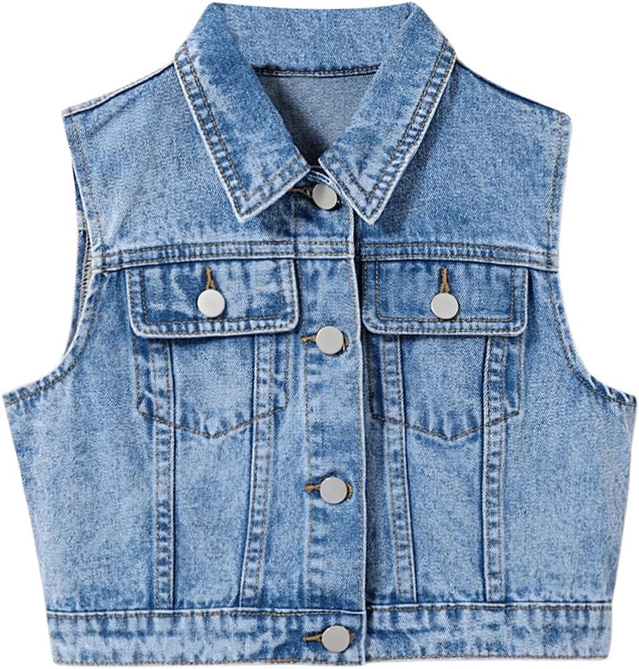 Girl's Denim Vest Button Down Fashion Sleeveless Jean Jacket Cute Crop Tops