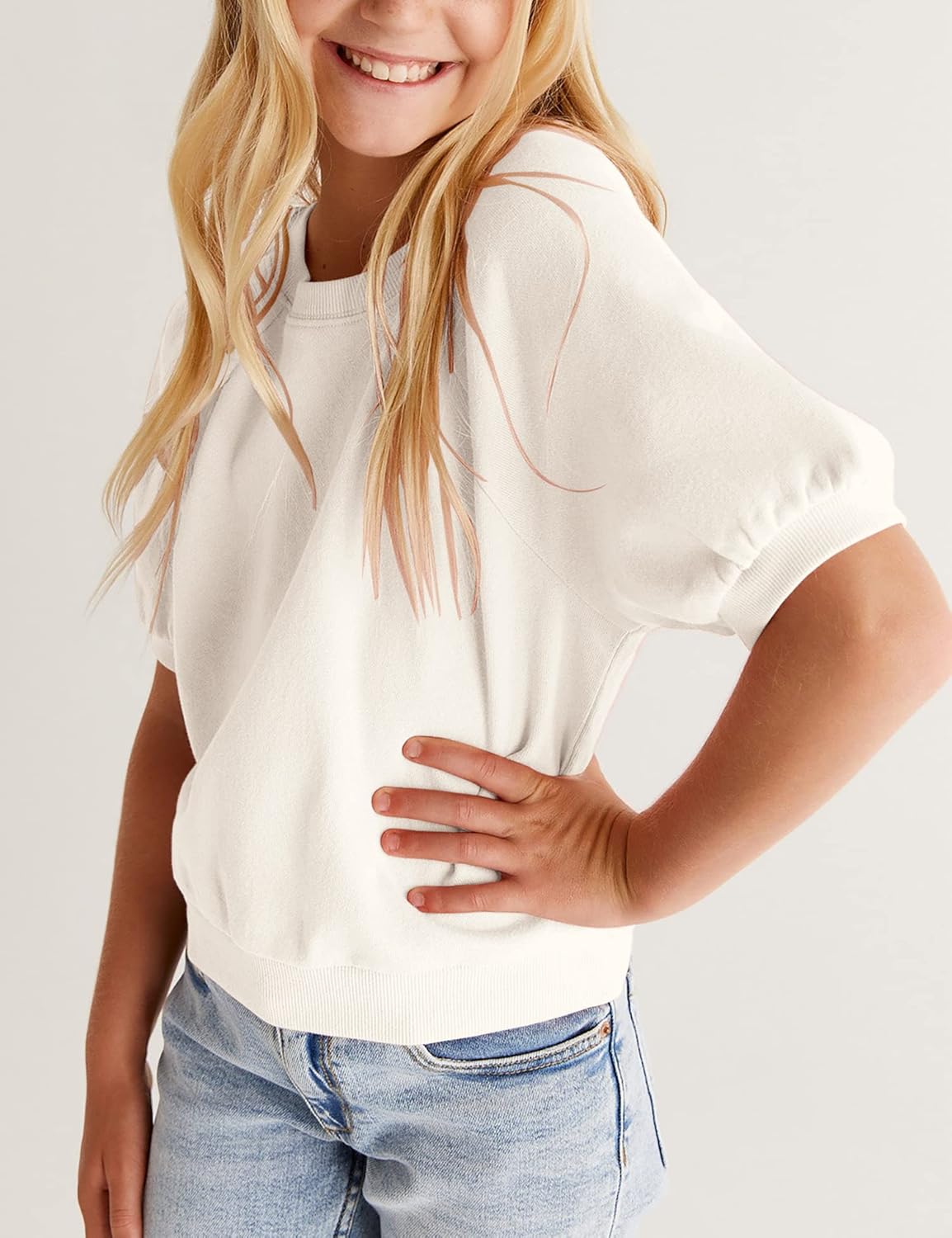 Kids Girls Cute T-Shirt Short Puff Sleeve Basic Solid Casual Loose Pullover Ribbed Cuffs Hem Tees