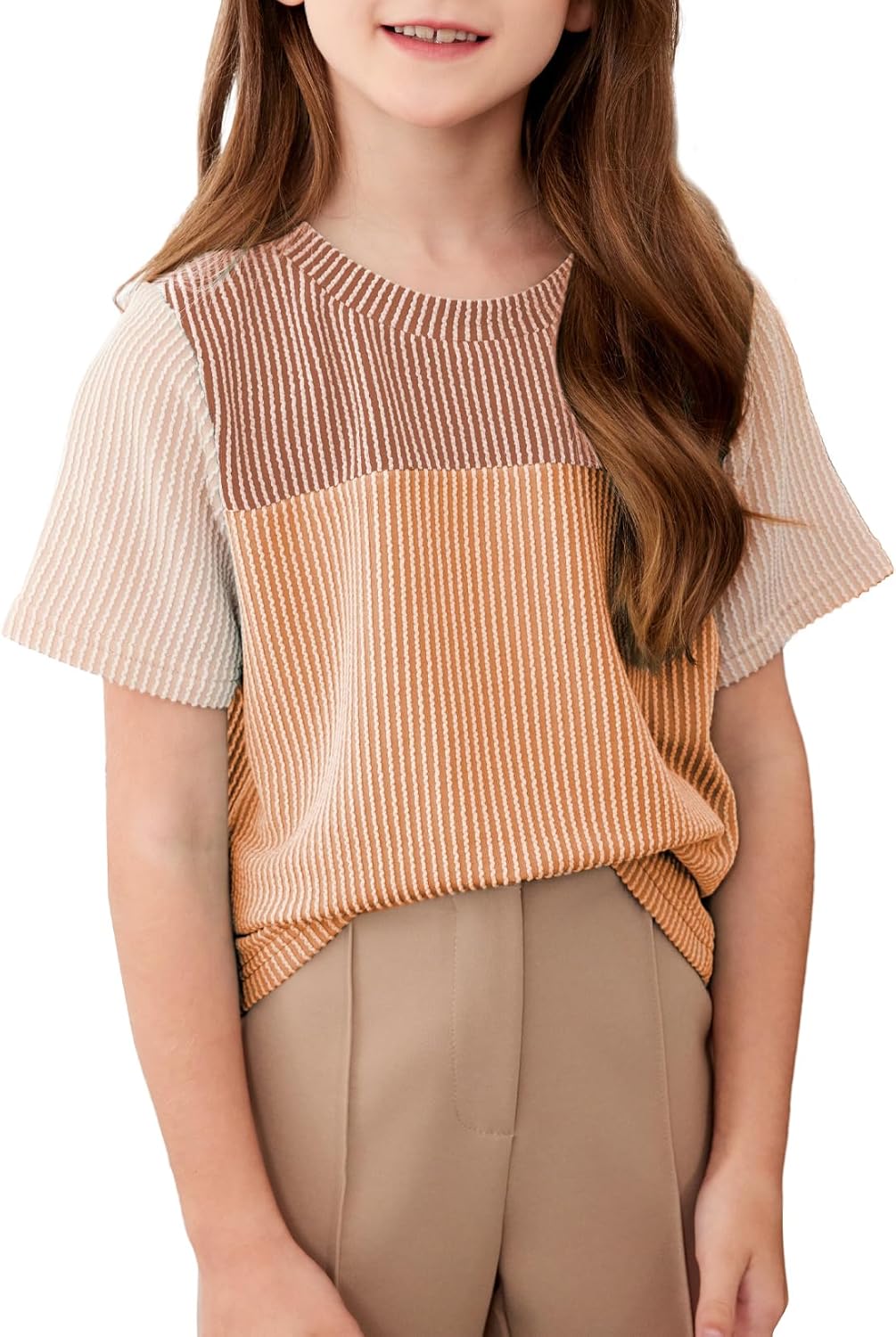 Girls Summer Short Sleeve Shirts Kid Color Block Tops Size 6-15 Years