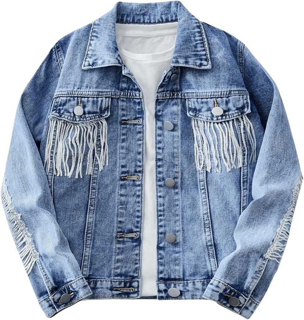 Girl's Denim Jacket Long Sleeve Button Down Y2K Sequin Fringe Jackets Coat