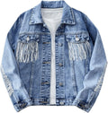 Girl's Denim Jacket Long Sleeve Button Down Y2K Sequin Fringe Jackets Coat