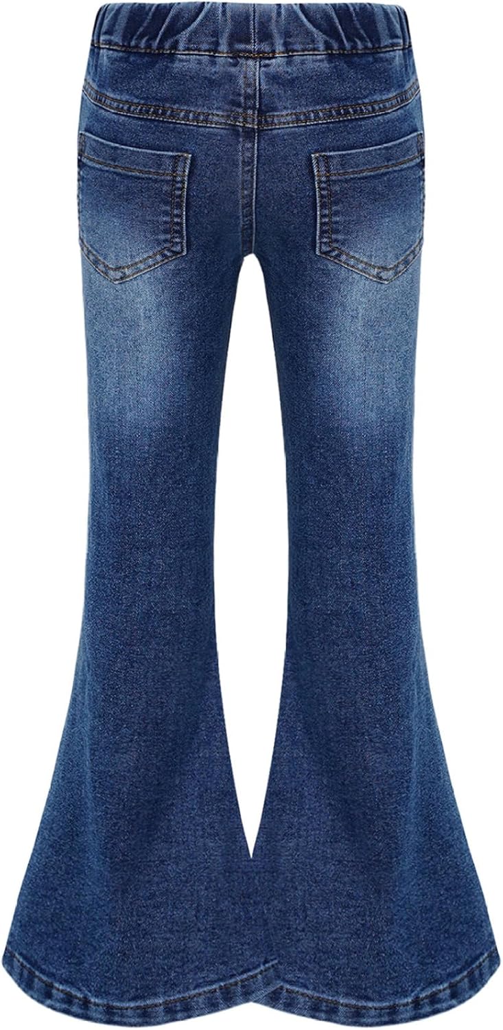 Girls Washed Denim Pants Skinny Flared Jeans Elastic Waistband Bell-Bottoms for Kids 5-16 Years
