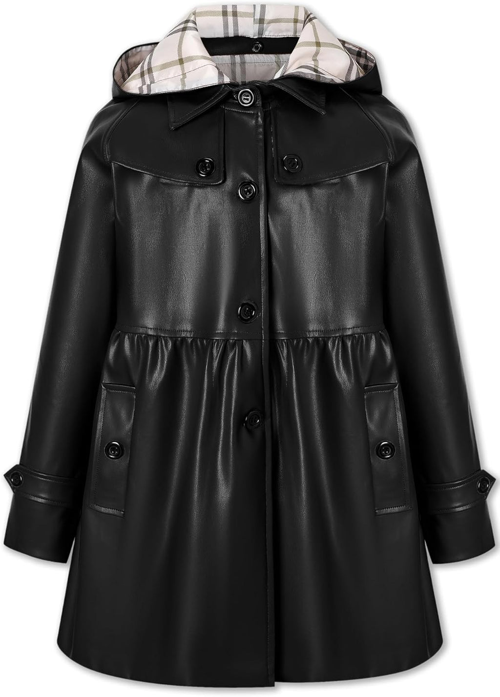Kids Girls PU Faux Leather Trench Coat Hooded Winter Outwear Jackets, 2-14 Years