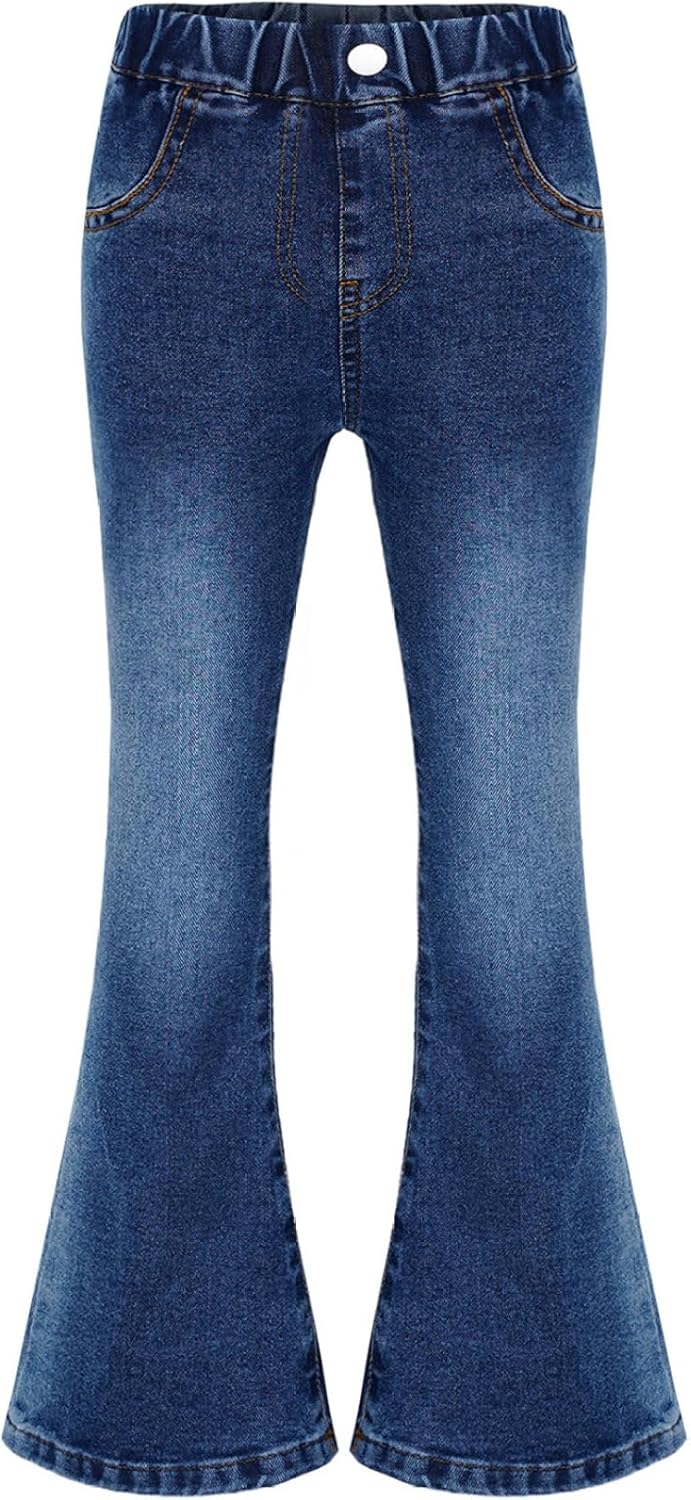 Girls Washed Denim Pants Skinny Flared Jeans Elastic Waistband Bell-Bottoms for Kids 5-16 Years