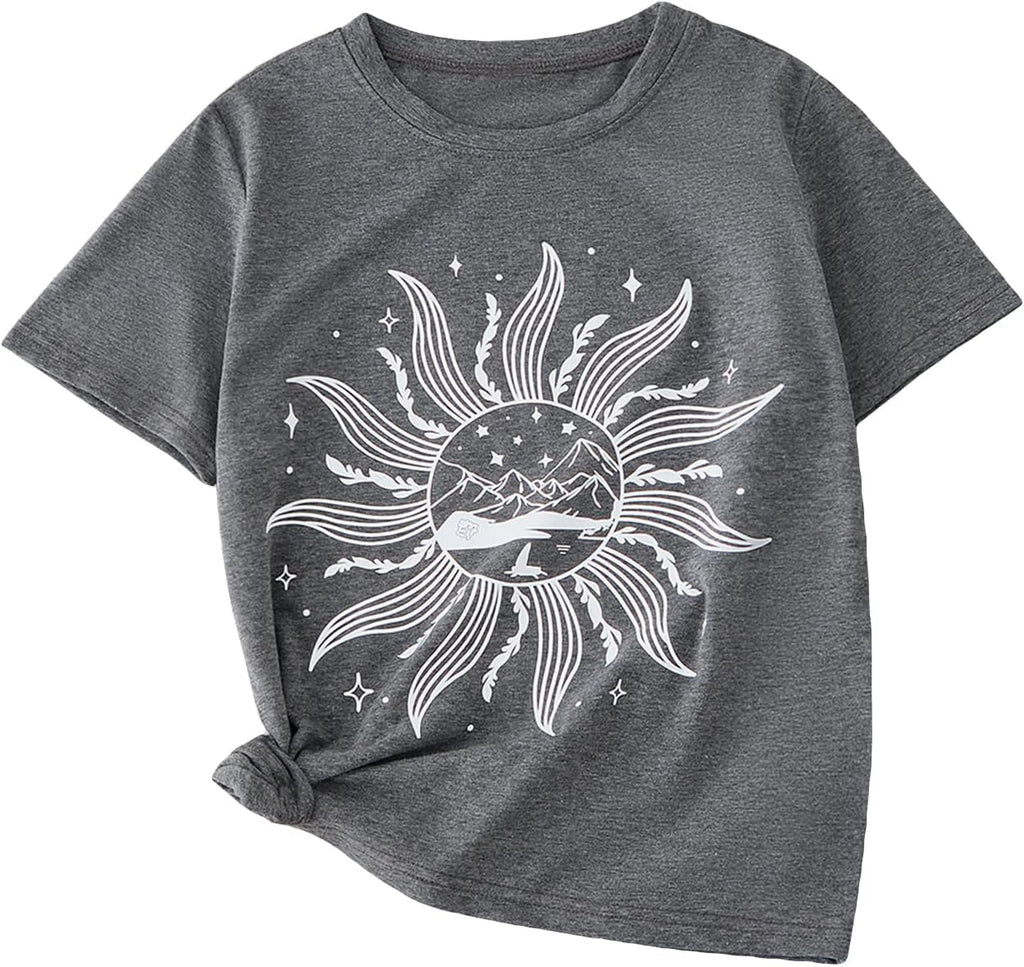 Graphic Tees for Girl Floral Print Short Sleeve Round Neck T Shirts Tops