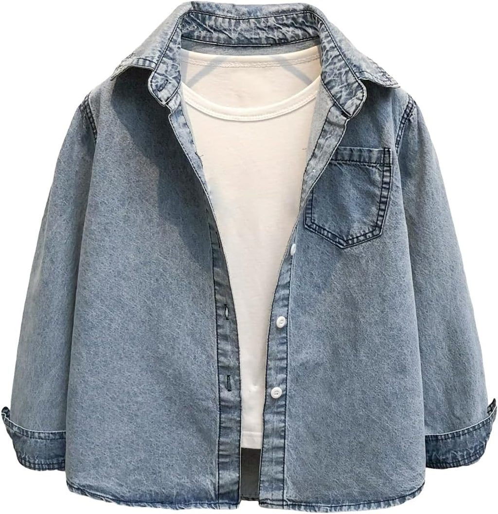 Girl's Long Sleeve Button Front Collared Denim Shirt Jean Jacket Outwear