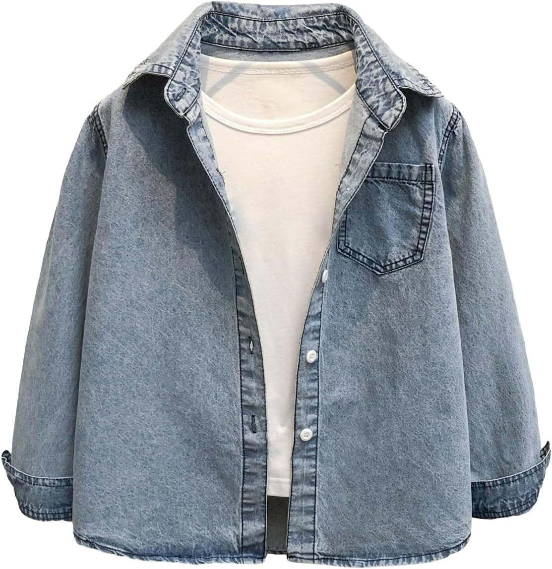 Girl's Long Sleeve Button Front Collared Denim Shirt Jean Jacket Outwear