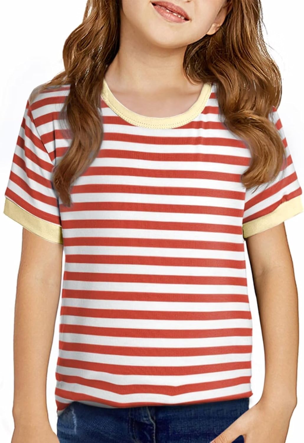 Girls Striped Color Block Short Sleeve T Shirts Casual Crewneck Summer Cute Tee Tops 4-13 Years
