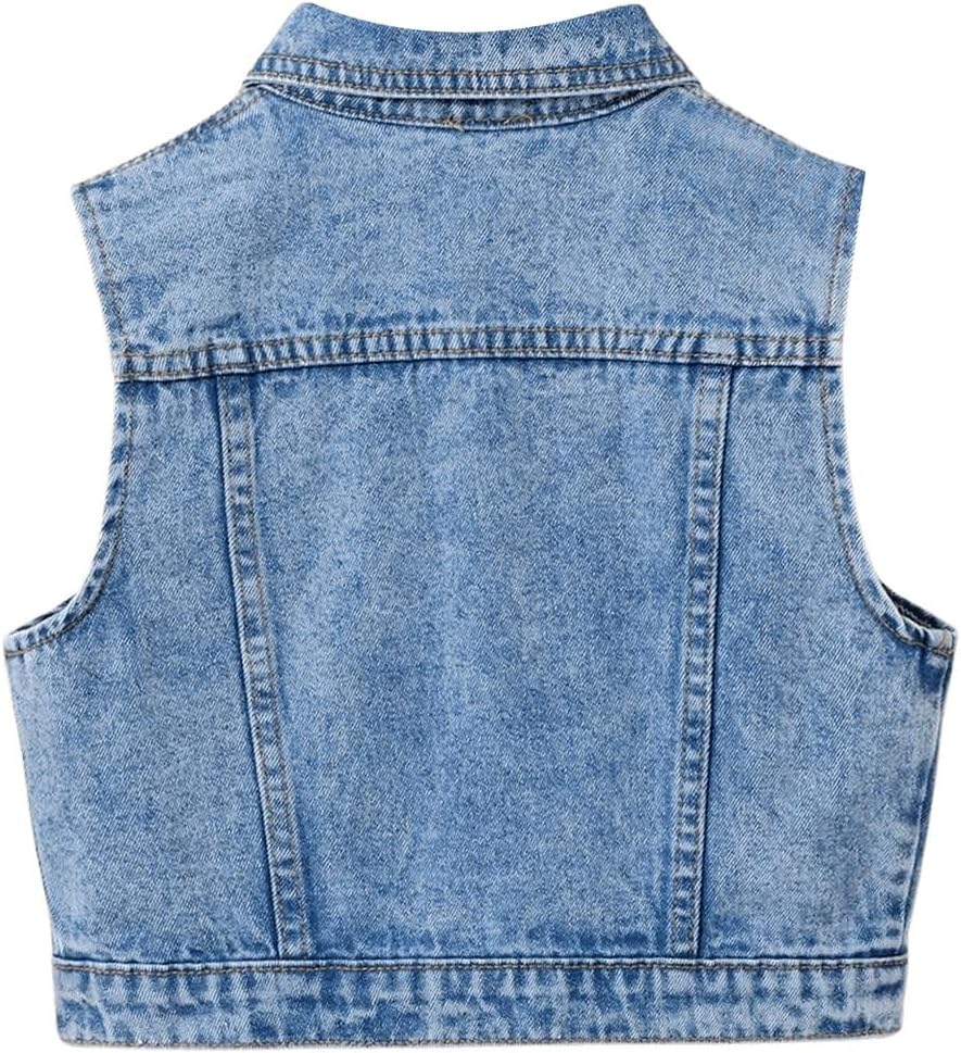 Girl's Denim Vest Button Down Fashion Sleeveless Jean Jacket Cute Crop Tops