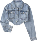 Girl's Long Sleeve Asymmetrical Raw Hem Coat Collared Neck Button Up Crop Denim Jackets with Pockets