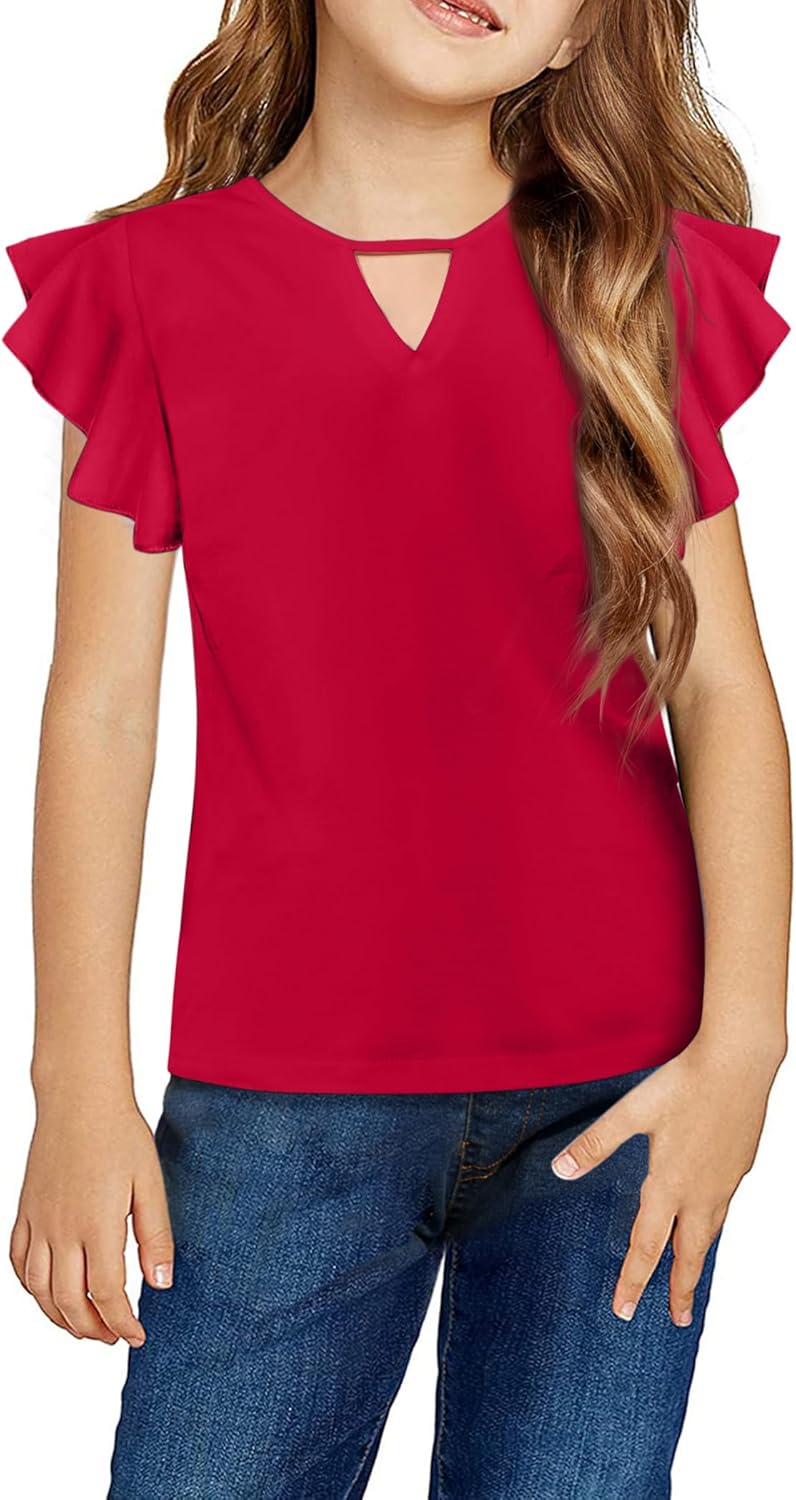 Girls Shirts Short Sleeve Tee Ruffle Solid Summer Keyhole Neck Cotton Blouse Tops