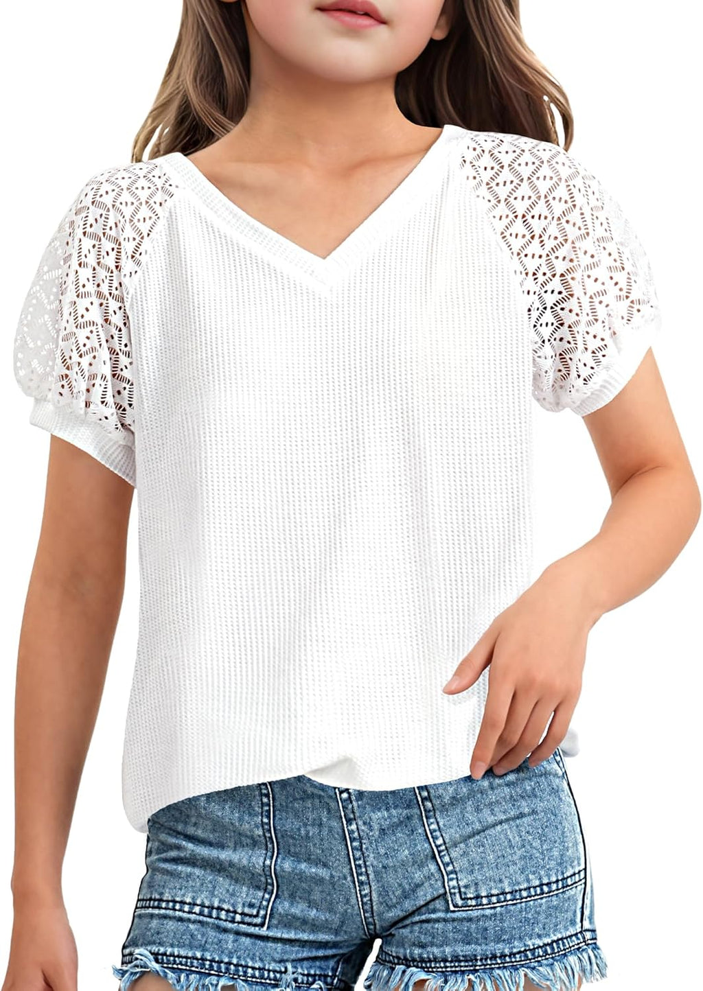 Girls Short Sleeve Shirts Summer Lace V Neck Tops Casual Tees Blouse