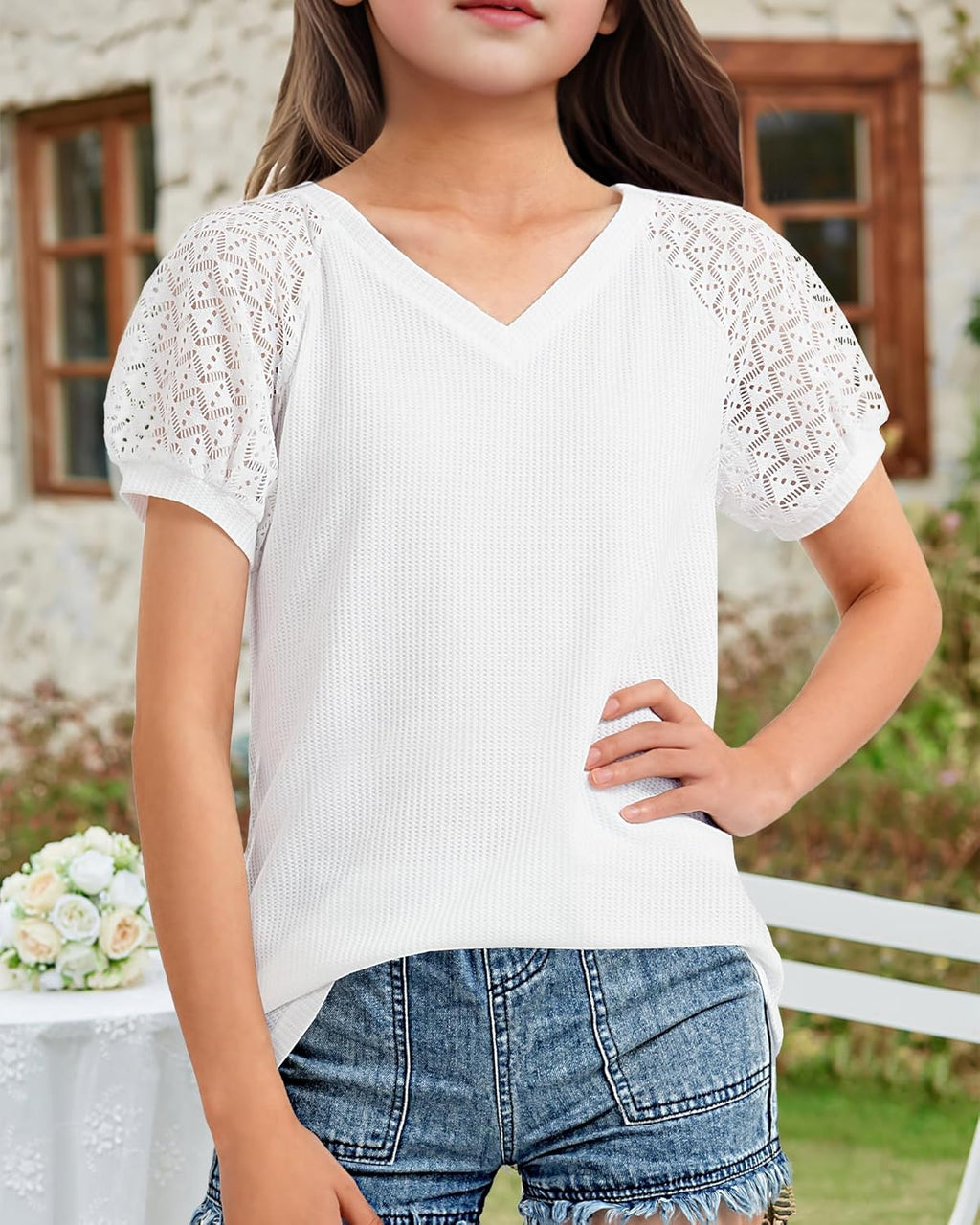 Girls Short Sleeve Shirts Summer Lace V Neck Tops Casual Tees Blouse