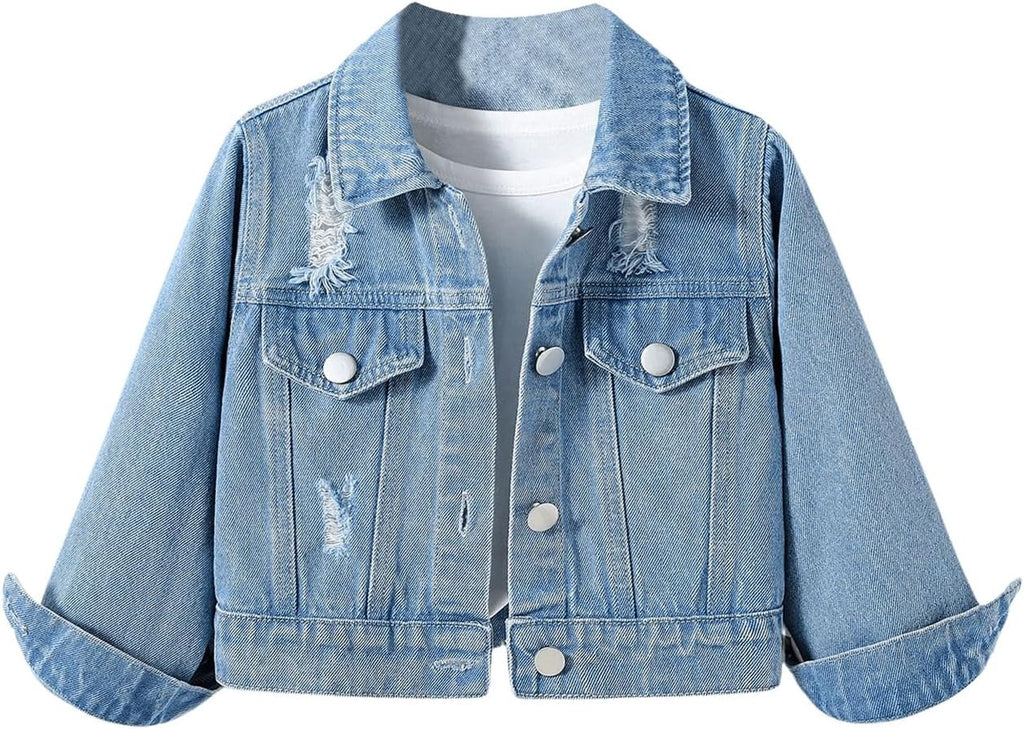 Girl's Ripped Long Sleeve Single Breasted Collar Denim Jackets Outerwear