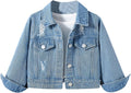 Girl's Ripped Long Sleeve Single Breasted Collar Denim Jackets Outerwear