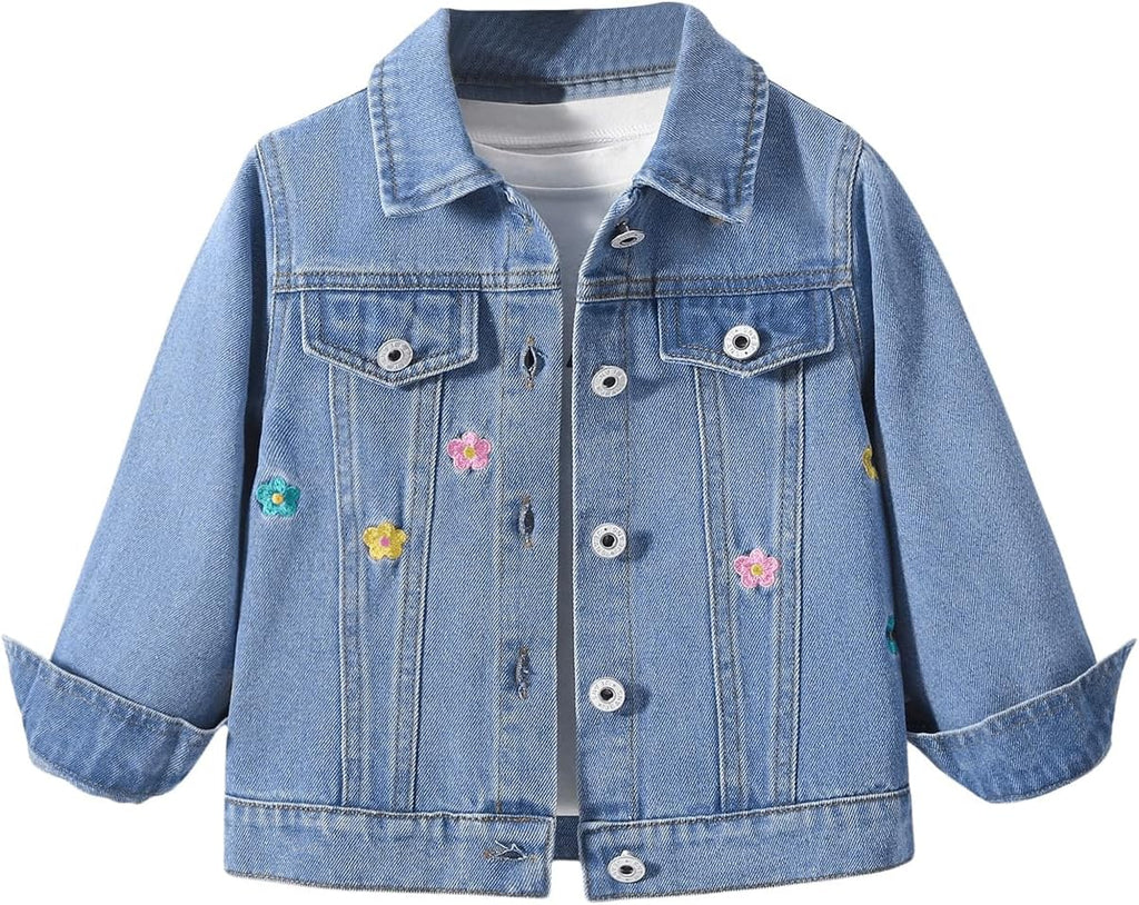 Girl's Floral Embroidery Jean Jacket Button Up Long Sleeve Denim Jackets