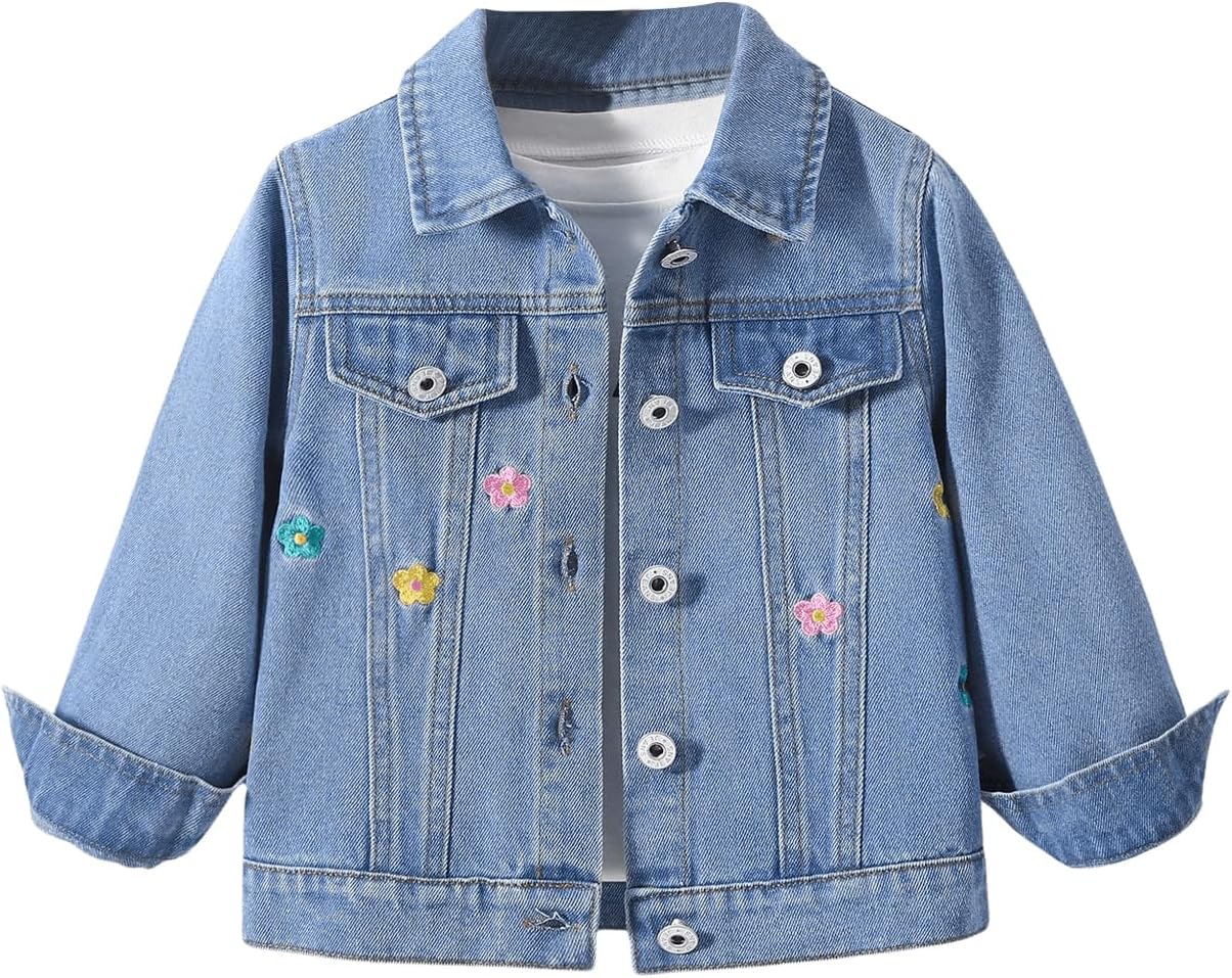 Girl's Floral Embroidery Jean Jacket Button Up Long Sleeve Denim Jackets