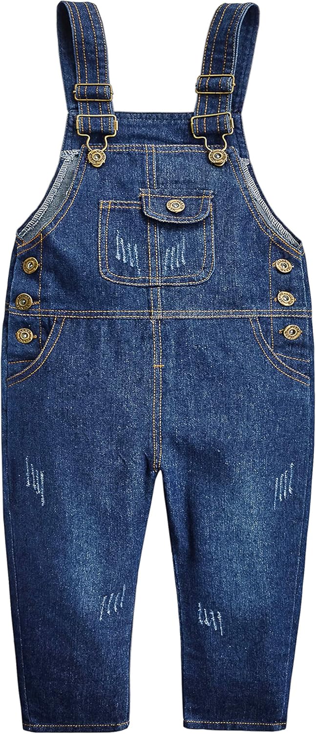 Baby Little Snap Leg/Crotch Mettal Buttons Reipped Denim Overalls