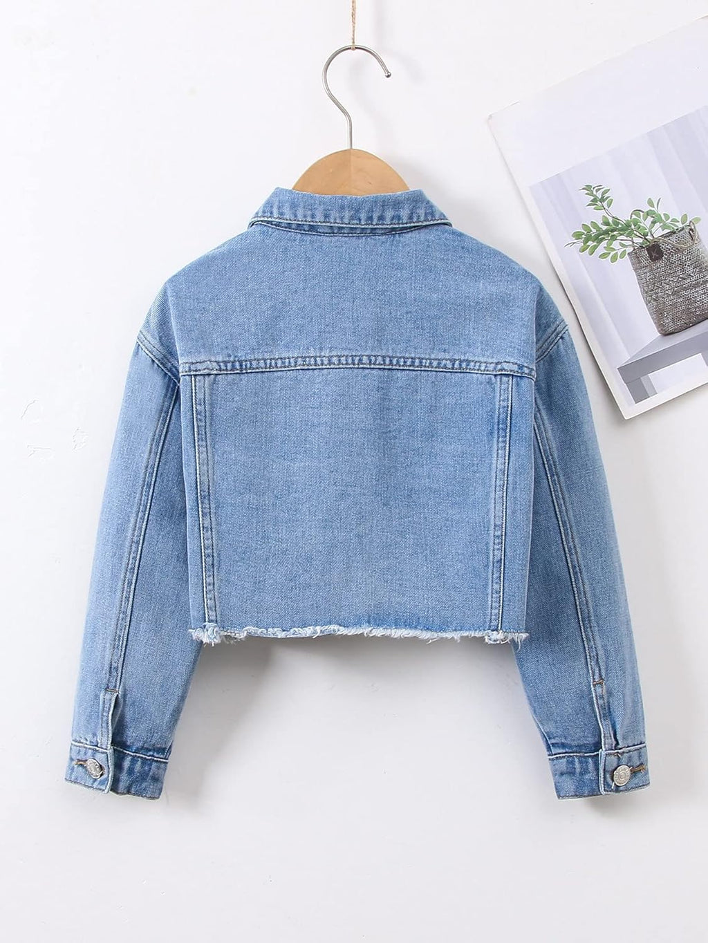 Girl's Raw Hem Long Sleeve Single Breasted Crop Denim Jacket Outerwear