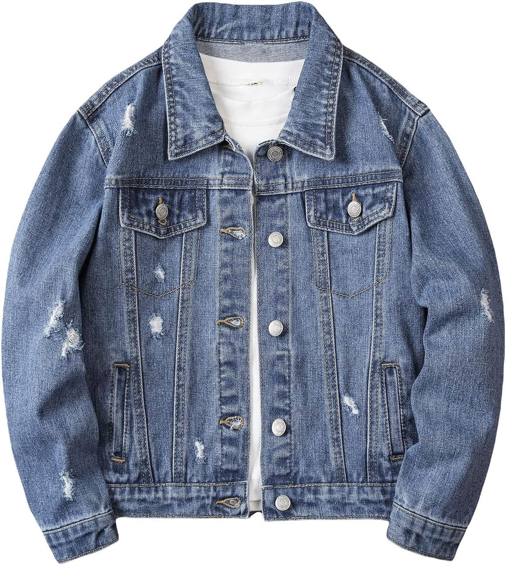 Boy's Ripped Long Sleeve Button Front Denim Jacket Coat Outerwear