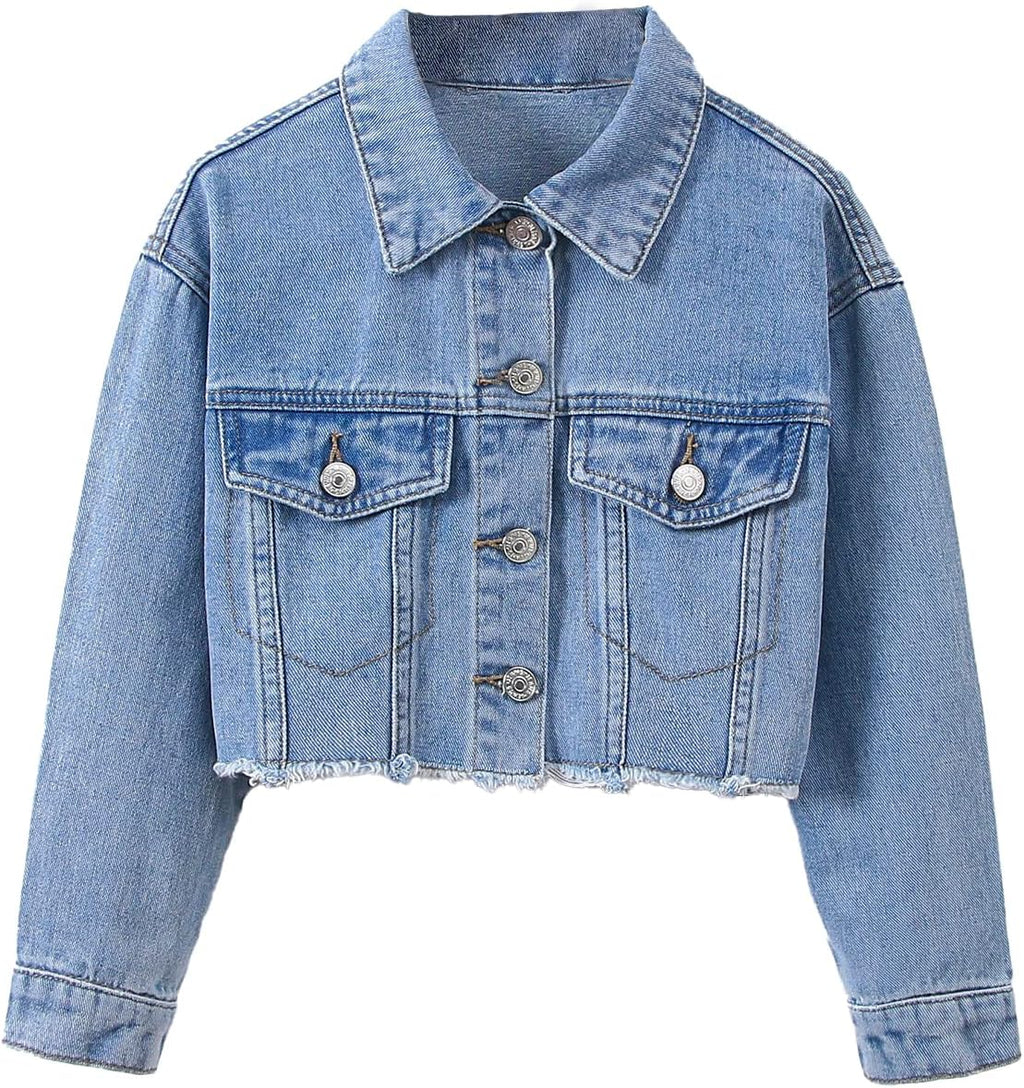 Girl's Raw Hem Long Sleeve Single Breasted Crop Denim Jacket Outerwear