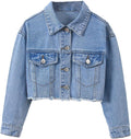 Girl's Raw Hem Long Sleeve Single Breasted Crop Denim Jacket Outerwear
