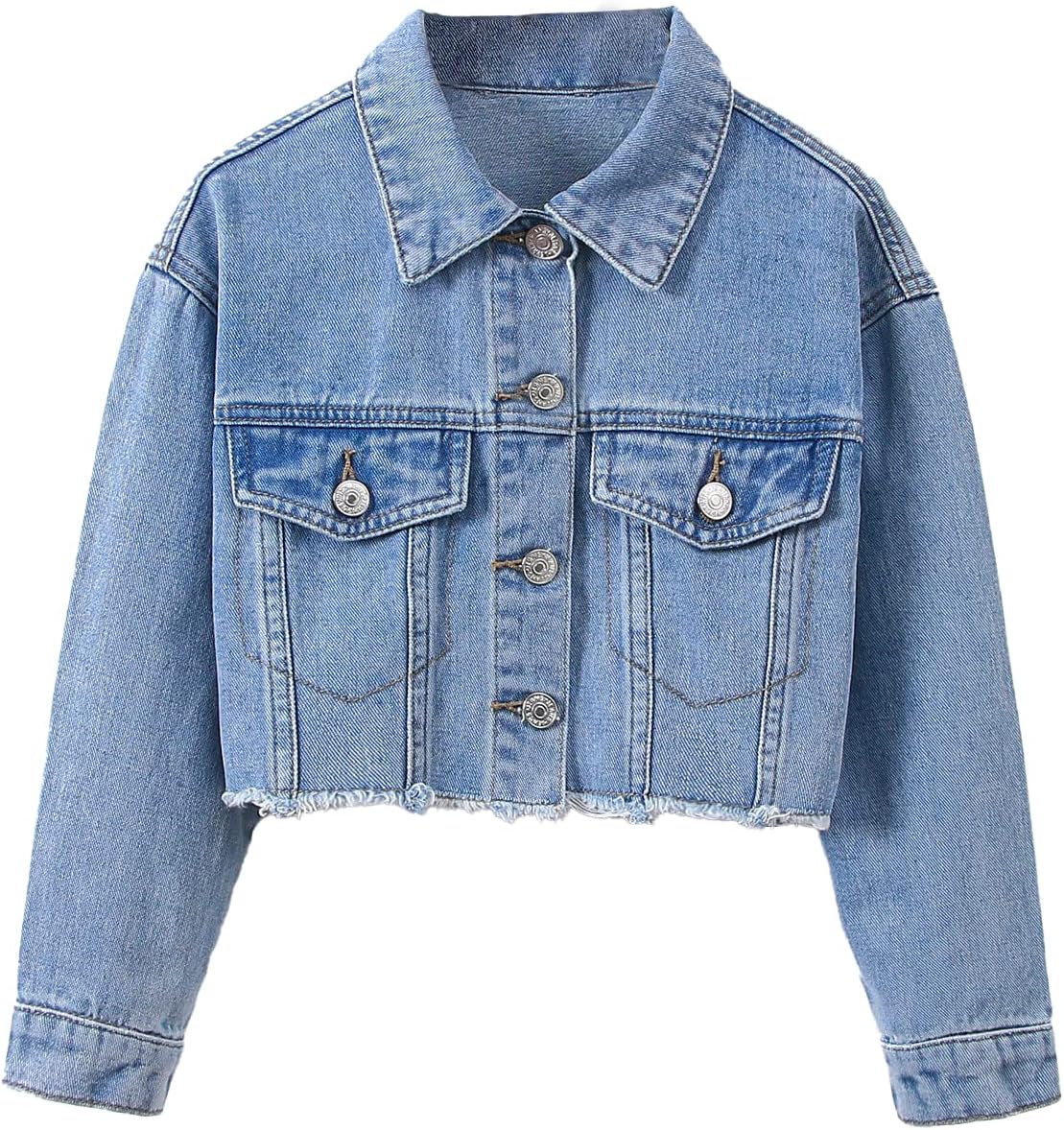 Girl's Raw Hem Long Sleeve Single Breasted Crop Denim Jacket Outerwear
